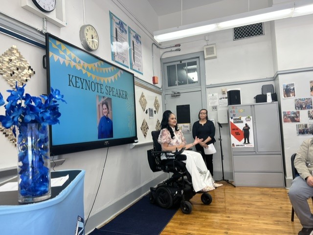 Cara Yar Khan speaking to students during a visit to The College Academy in New York City.